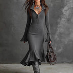🎁2026 New Arrivals 50% OFF💥Retro Zipper Neck Trumpet Sleeve Midi Dress